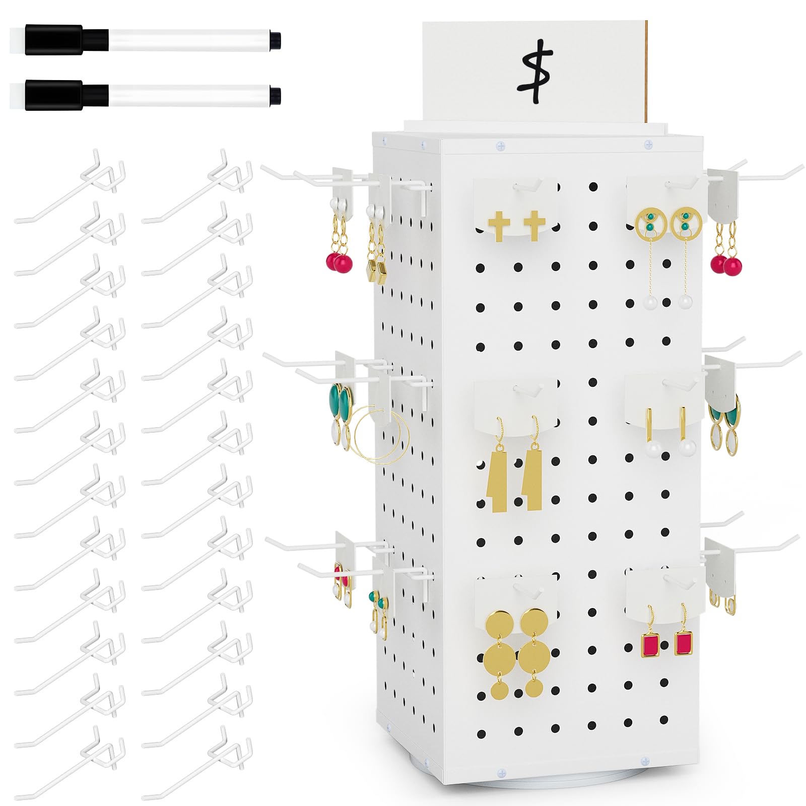 VACONICO Rotating Peg Board Display Stand with 24 Hooks, Tabletop Metal Pegboard Shelf for Craft Shows & Fairs, Retail Stores