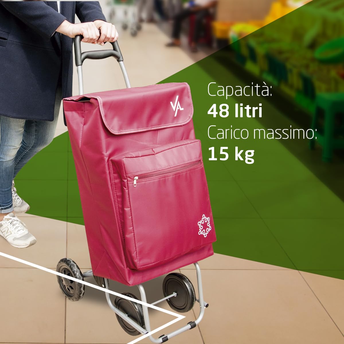 Amig - Carrello spesa - Carrello spesa 4 ruote - Pratico e capiente con tasca esterna - 22 x 40 x 106 cm - Tessuto/Metallo - Rosso