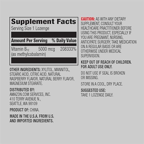 Miniatura 3 de Amazon Elements Vitamina B12 Metilcobalamina 5000 mcg, 65 pastillas con sabor a bayas, suministro para 2 meses y hierro 18 mg, vegano, 195 cápsulas,