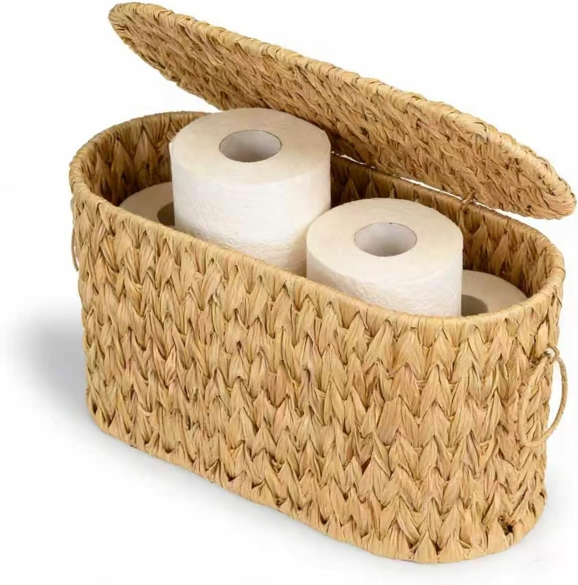 Handwoven Big Toilet Paper Basket with Lid - 16 Inch Modern Minimalist Storage Basket, Water Hyacinth Woven with Handles for Back of Toilet, Natural Organizer for Bathroom, Shelf & Desktop Decor Hampe