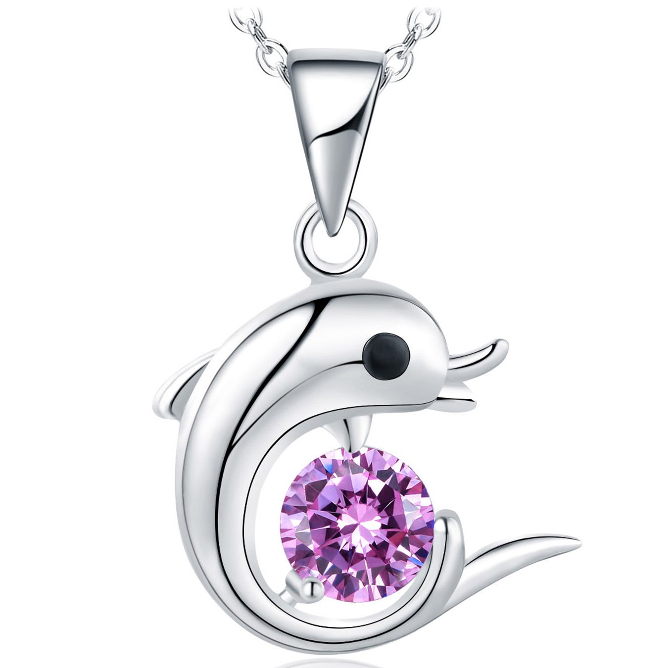 MerryQueen® 925 Sterling Silver Dolphin Necklace with 5A Zirconia, 46 cm + 5 cm Silver Chain, Jewellery Gift Box