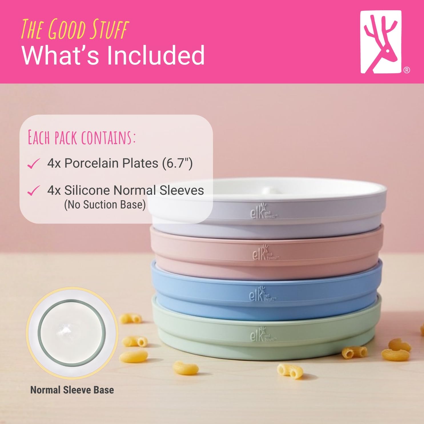 Elk and Friends ZLYSYCM Kids Porcelain White Plates with Silicone Sleeves | Divided Plates | Suitable for Kids/Toddlers | Microwave & Dishwasher Safe | Non Slip | Snack Dishes