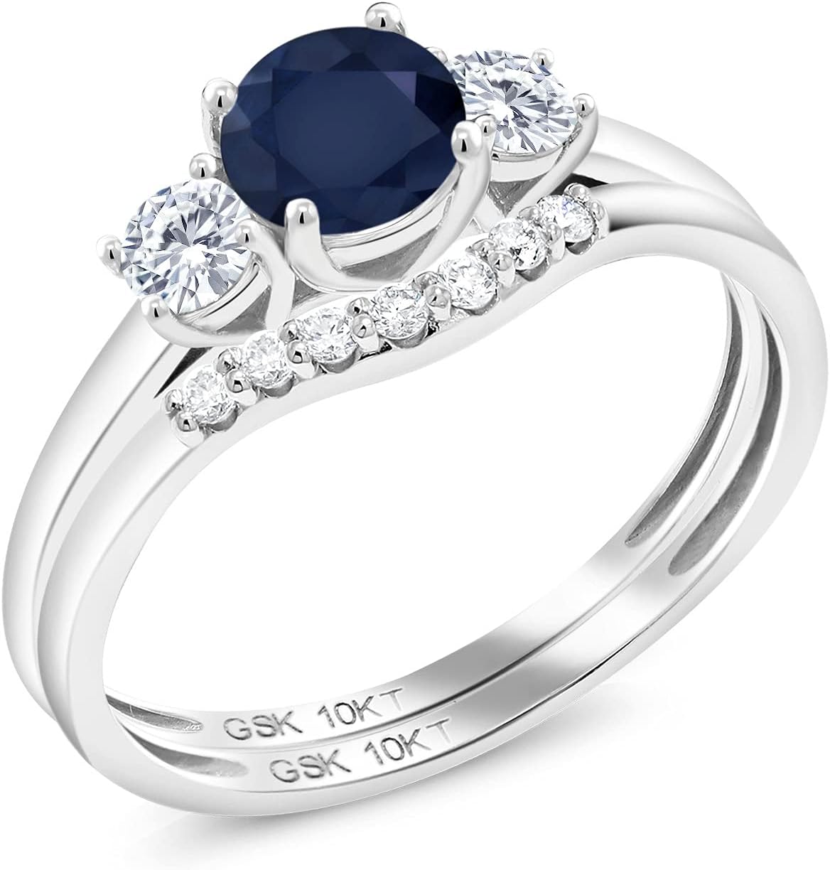 Gem Stone King 10K White Gold Blue Sapphire and White Lab Grown Diamond 3-Stone Bridal Engagement Wedding Ring Set For Women (0.84 Cttw, Gemstone September Birthstone, Round 5MM)