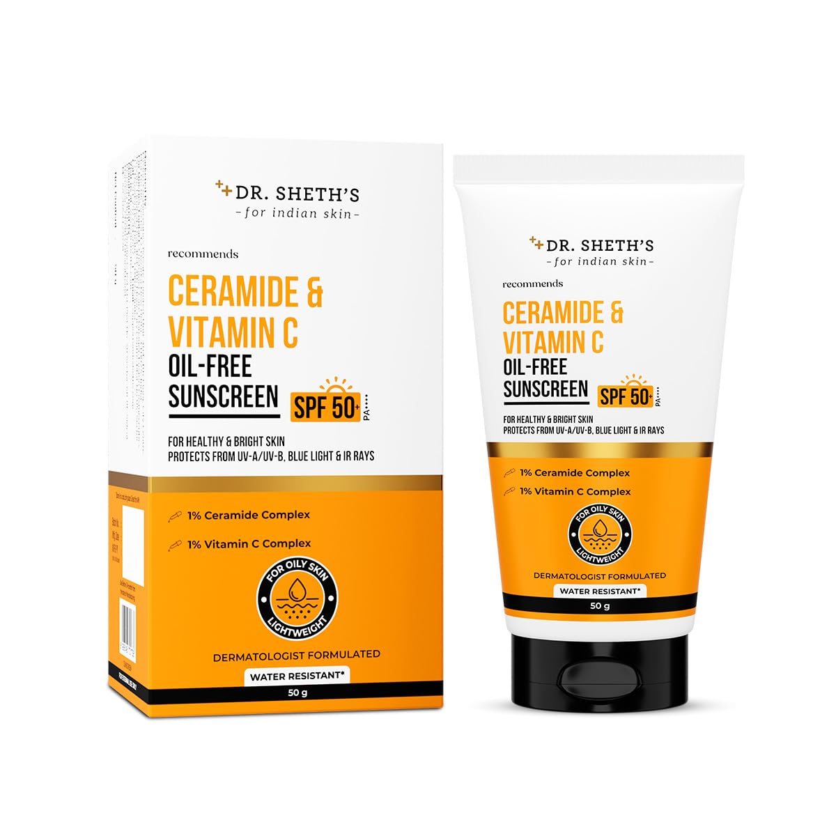 Dr. Sheth'sCeramide & Vitamin C Oil-Free Sunscreen SPF 50+ PA++++ |In-Vivo Tested | For Healthy & Bright Skin | Lightweight & Non Greasy | For UVA/UVB & Blue Light & IR Protection | No white cast |