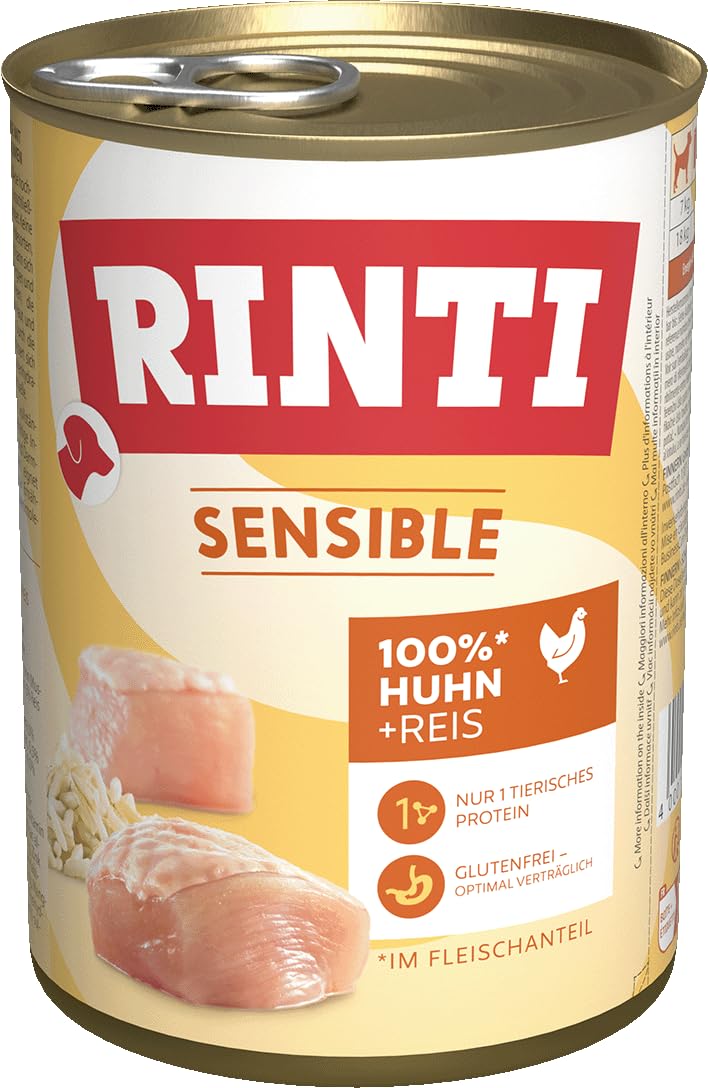 RINTI - Sensible | Nassfutter für sensible, ausgewachsene Hunde mit natürlichen Fleischstücken. Getreidefreies Alleinfutter in der Dose ohne künstliche Zusätze | 12x400g Huhn + Reis