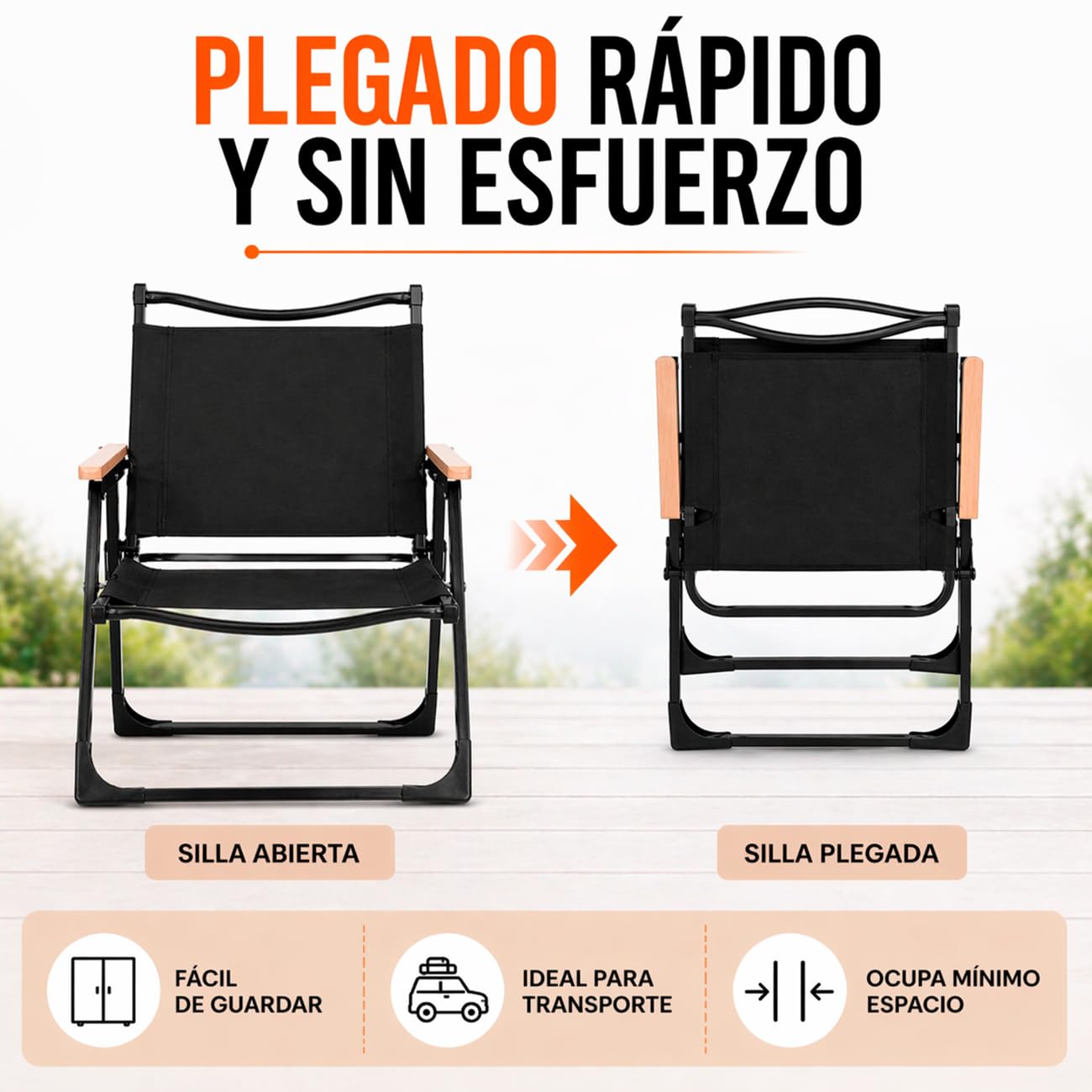 TIENDA EURASIA – Silla Plegable Camping | Pack 4 Uds | 47x53x76 cm | Estructura Metálica | Tejido Oxford Resistente | Portátil y Ligera | Reposabrazos de Madera | Ideal para Camping y Exterior (Negro)