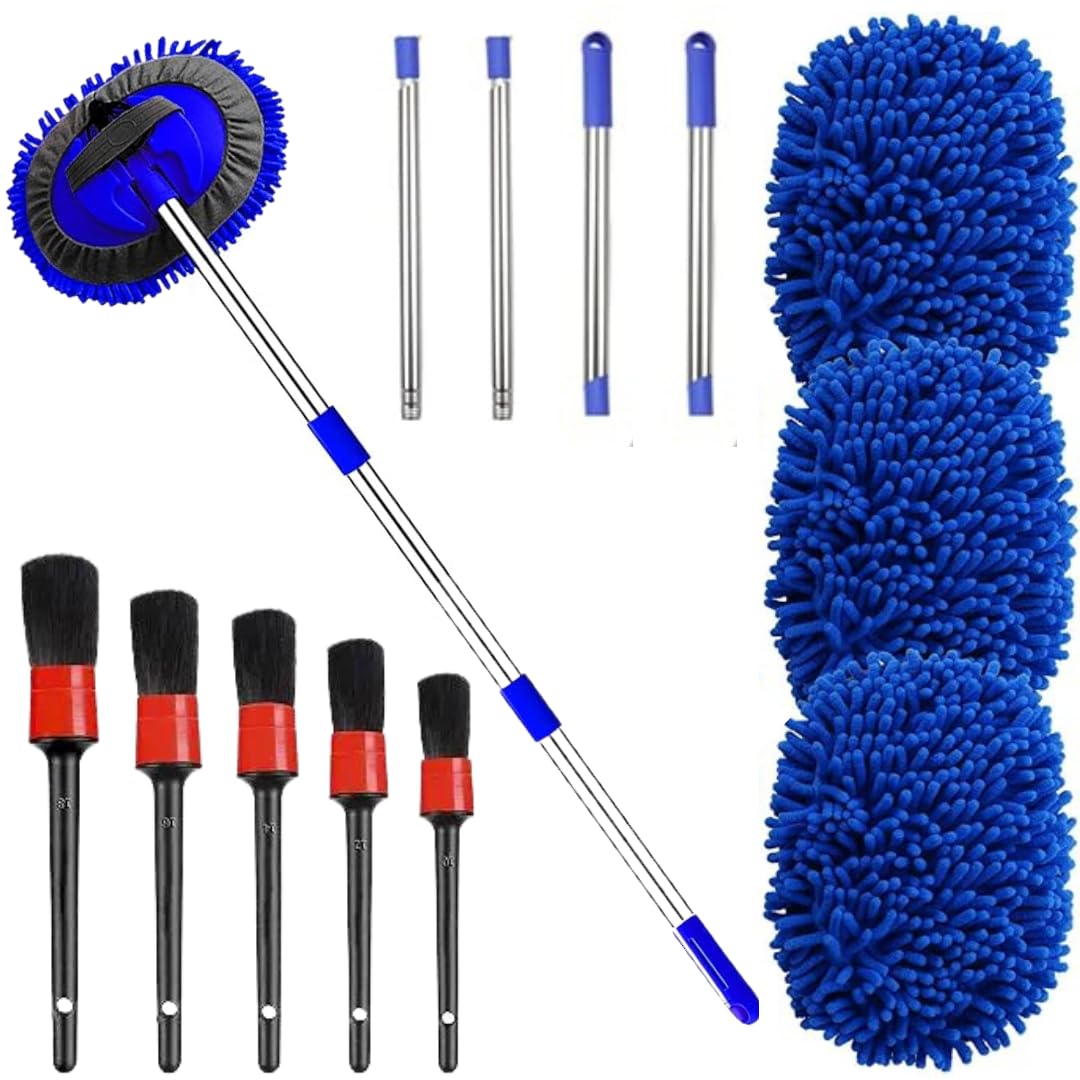 5 Detailing Brush+48" Microfiber Car/Home/Floor/Office Cleaning Mop Kit Sponge Brush with Adjustable Handle - Automotive Duster Tools 3 Free Chenille Scratch-Free Replacement Head - 1.55Meter (Green)