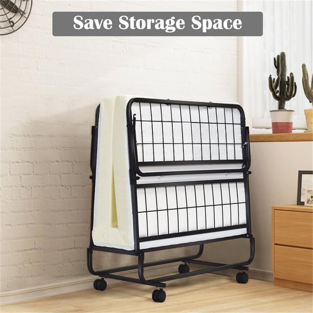 Pemberly Row Steel Foldable Daybed with 4 in Memory Foam Mattress, White Finish, Lockable Wheels, Compact Space-Saving Design, Durable Powder-Coated Frame, Guest Room Bed, Supports up to 640 lbs