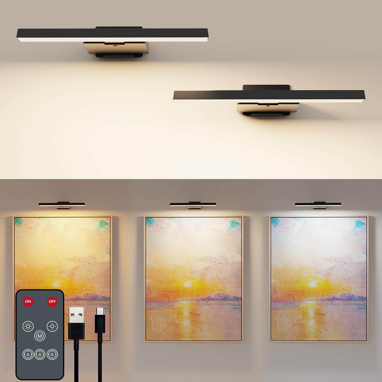 Coollamp 2 Pack Picture Lights for Wall, Cordless Rechargeable Wall Lights, Battery Operated Wall Lights with 3 Color Temp Remote Control, CRI 95+, Dartboard Light for Frames & Art Painting — image 1