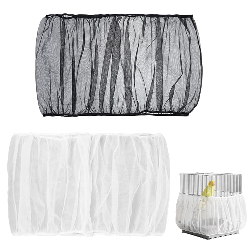 Jdbefuy 2 Pcs XL Bird Cage Seed Catcher Set, Adjustable Bird Cage Netting Cover to Prevent Seed Scatter, Universal Fit for Round & Square Cages, Breathable Mesh Seed Guard (White and Black) (XL)