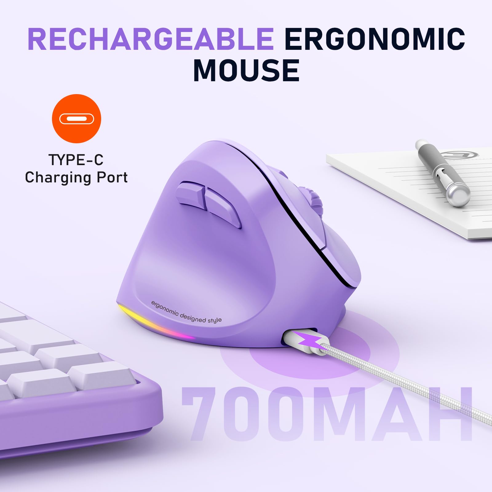 MEETION mouse vertical ergonómico inalámbrico para zurdos, recargable, morado | Dual Bluetooth 5.2/3.0 + USB, iluminación RGB, 4 DPI ajustables, compatible con Windows, Mac, PC, iPad y tabletas