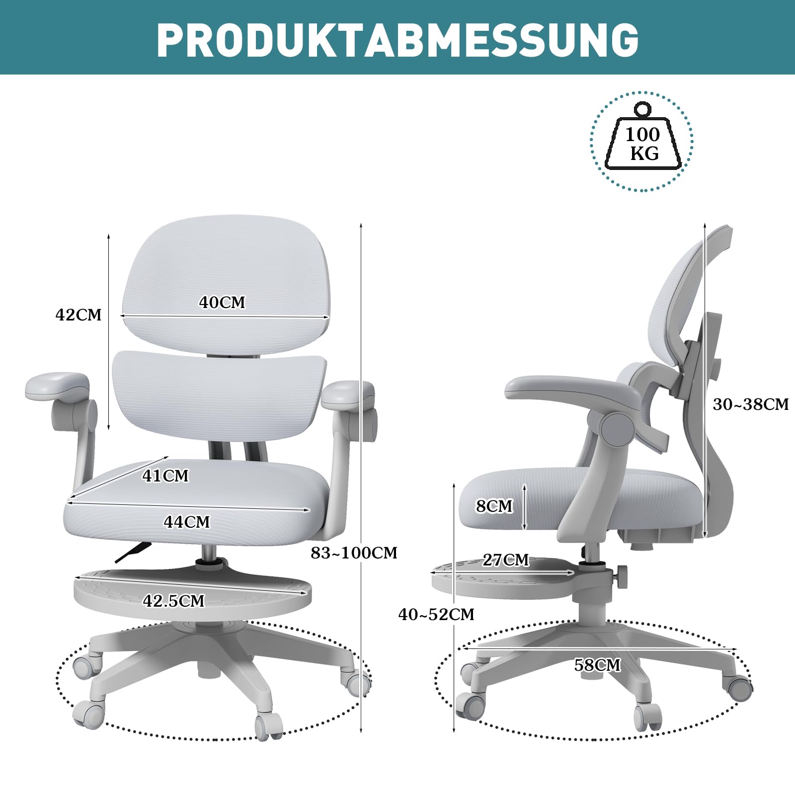 JOYLDIAS Schreibtischstuhl Kinder Ergonomischer, Kinderstuhl mit Verstellbarer Rückenlehne & Übergroß Fußablage, Bürostuhl Kinder Drehstuhl mit klappbarer Armlehnen, Stuhl Für Kinder & Jugendliche