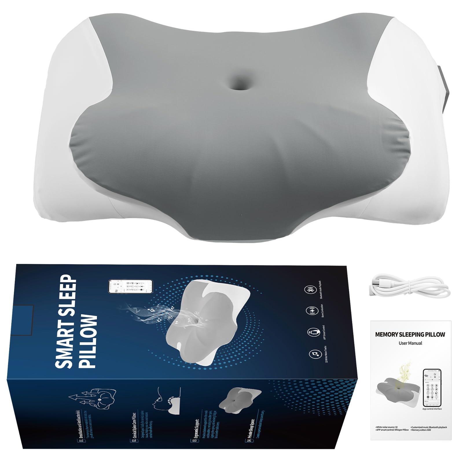 FUNYKICH Almohada de Espuma Viscoelástica de Ruido Blanco con 32 Sonidos, 58×36×8/11.5cm Almohada Cervical Ergonómico de Mariposa, Funda Desenfundable y Lavable,Tecnología de Conducción Ósea
