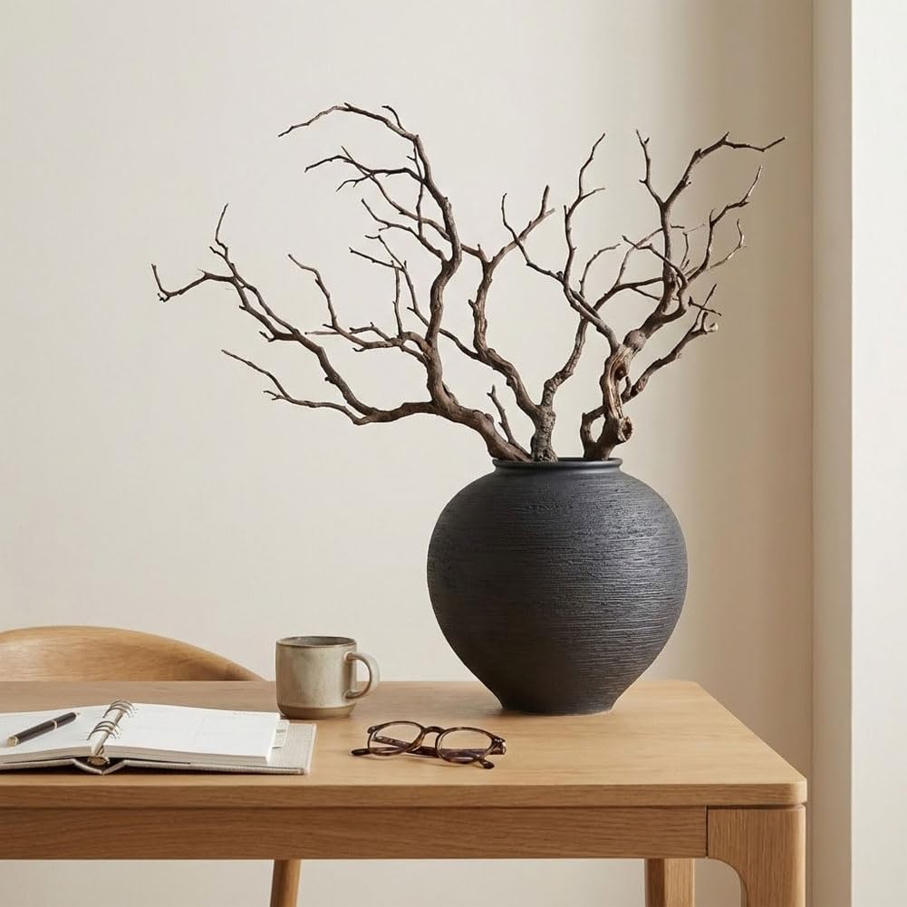 Large Blak Ceramic Vase - 9 Inch Large Black Round Vase, Rustic Farmhouse Vase for Home Decor, Dining Table, Shelf, Bedroom, Living Room, Kitchen, Office, Bathroom, Mantle, Centerpiece Décor