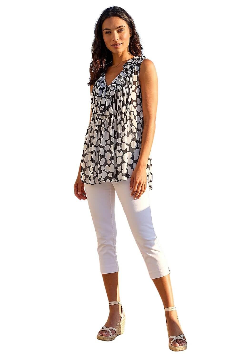 Roman Spot Print Ruffle Front Buttoned Blouse - Black - Size 16