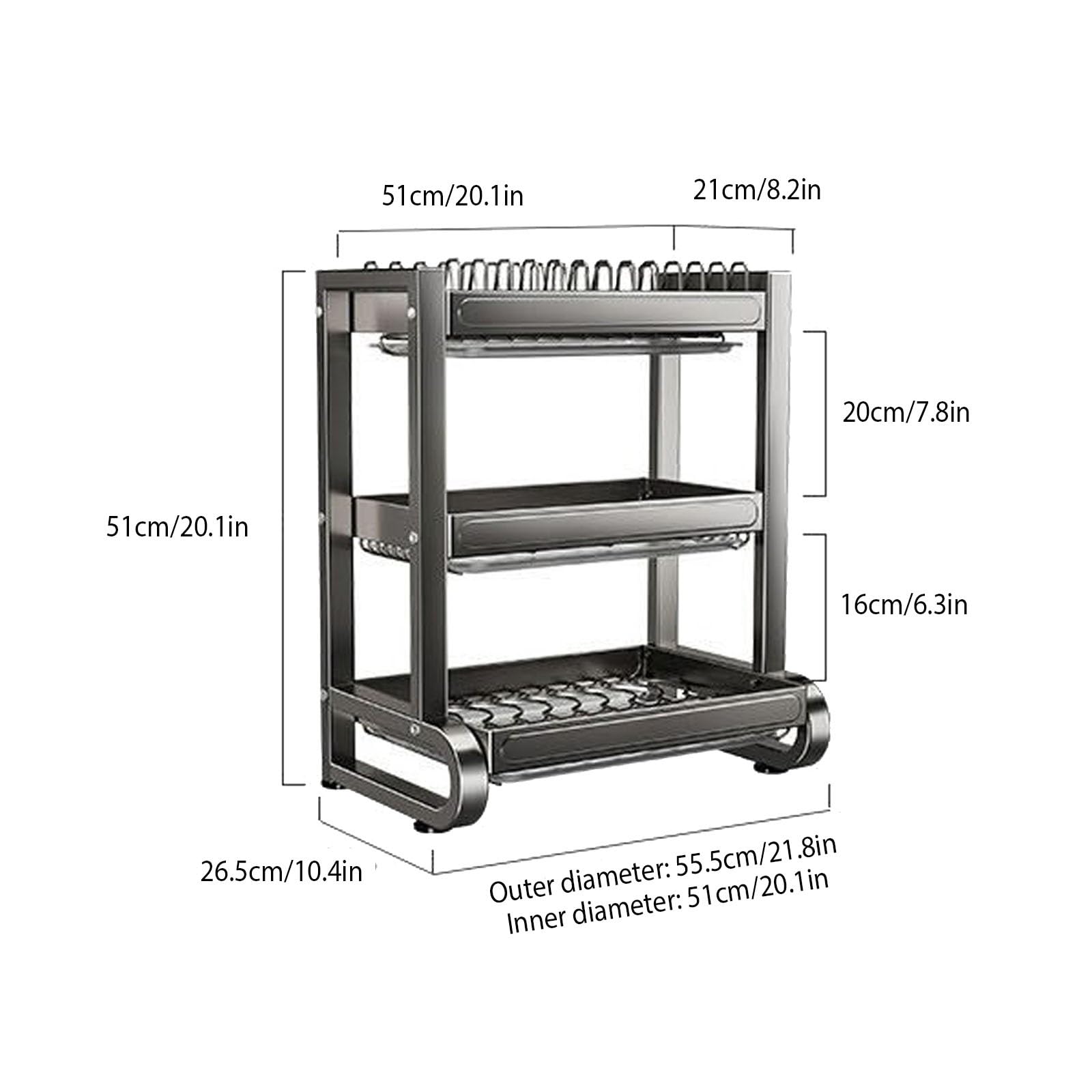 Soporte para utensilios de cocina, multifuncional, de acero inoxidable, organizador de triple capa para platos, vasos, cuencos, cocina del hogar, 55 cm