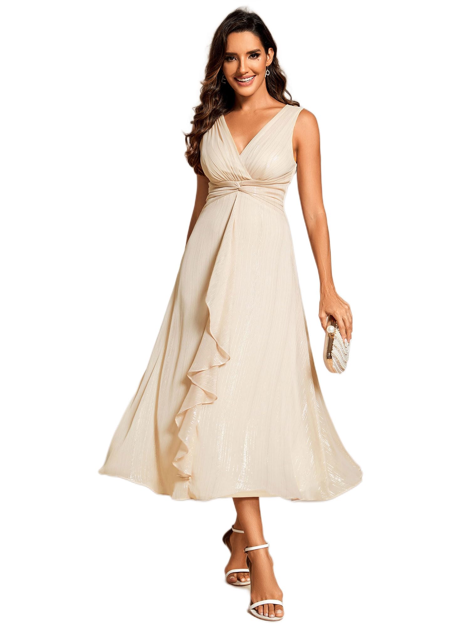 Ever-Pretty Vestido de Invitada Boda Mujer Sin Mangas Cuello en V Dobladillo con Volantes EG11977