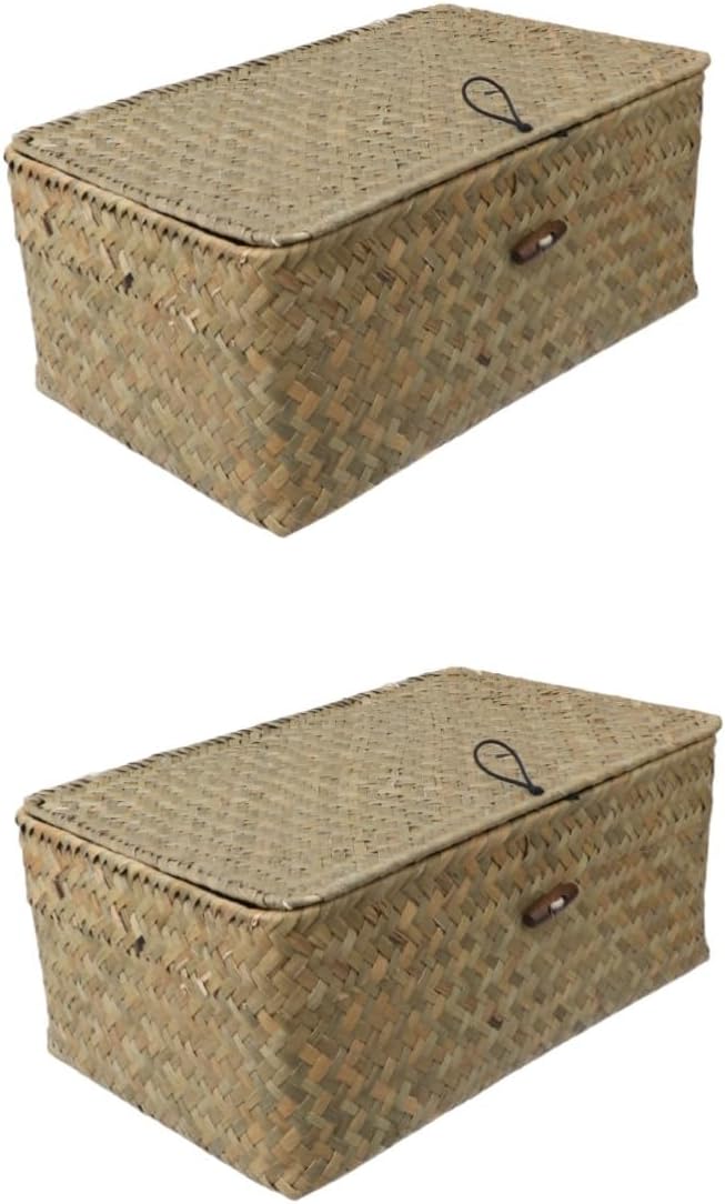 Cabilock Wicker Storage Basket 2pcs Lids Home Multipurpose Makeup Handwoven Rectangular Decorative Wicker Straw Decor| Hand- Seaweed Lotion Xx Perfume Desktop Cm Organization Organizer Lid