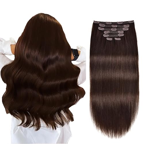 Extensiones de cabello humano Remy real con clip, de 16 pulgadas, 2.47 oz (70 g), color marrón oscuro #2, 7 unidades, 16 clips, 7 unidades,