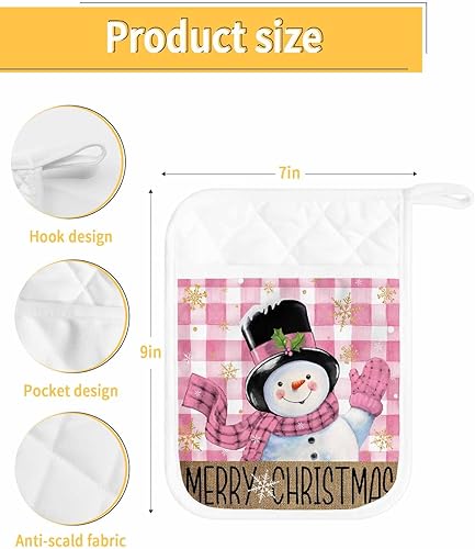 Miniatura 3 de Snowman Pink 4Pcs Pot Holders for Kitchen,Non Slip & Heat Insulation Terry Cloth Potholder Set with Pocket,Thick Hot Pad Oven Mitts Trivet Coaster