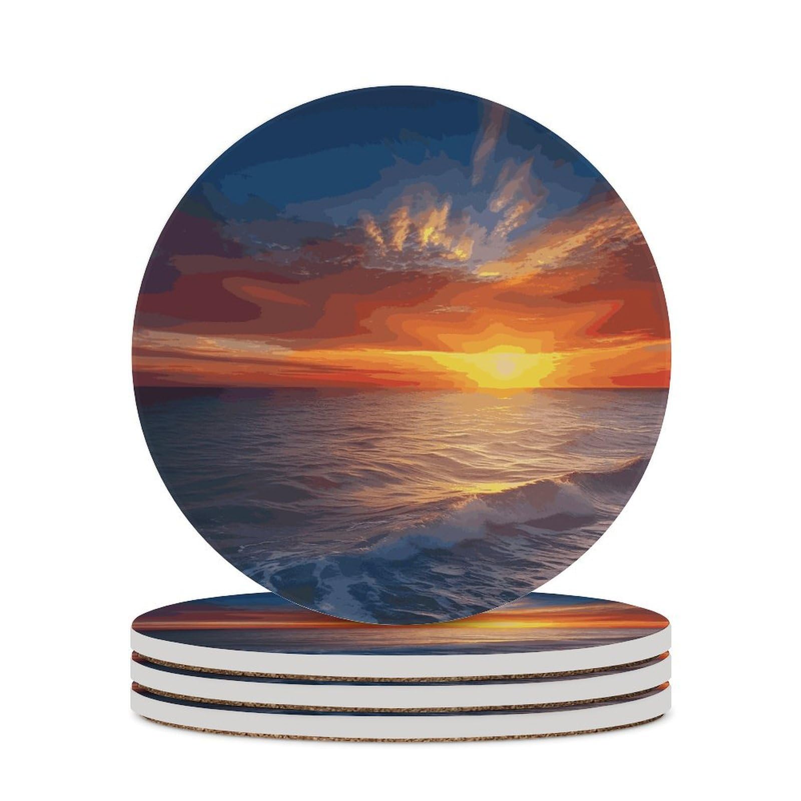 Sea and Sunset Coaster with Cork Base Drink Coasters for Coffee Table Decor Modern Cup Coasters with Non-Slip & Heat-Resistant Cute Ceramic Table Coaster for Home Dining