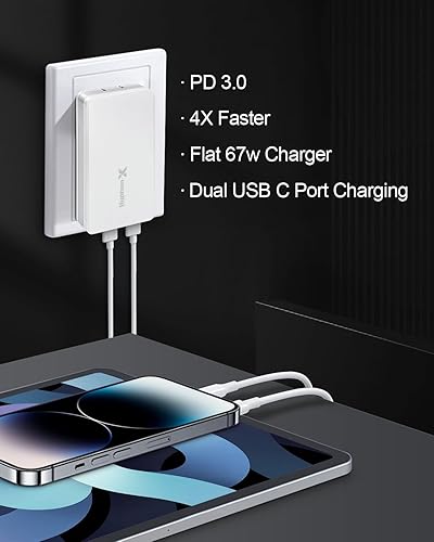 Miniatura 2 de Cargador de pared plano tipo C, bloque de carga de pared USB C plano de 67 W, bloque de carga rápida delgado con enchufe plegable, adaptador de