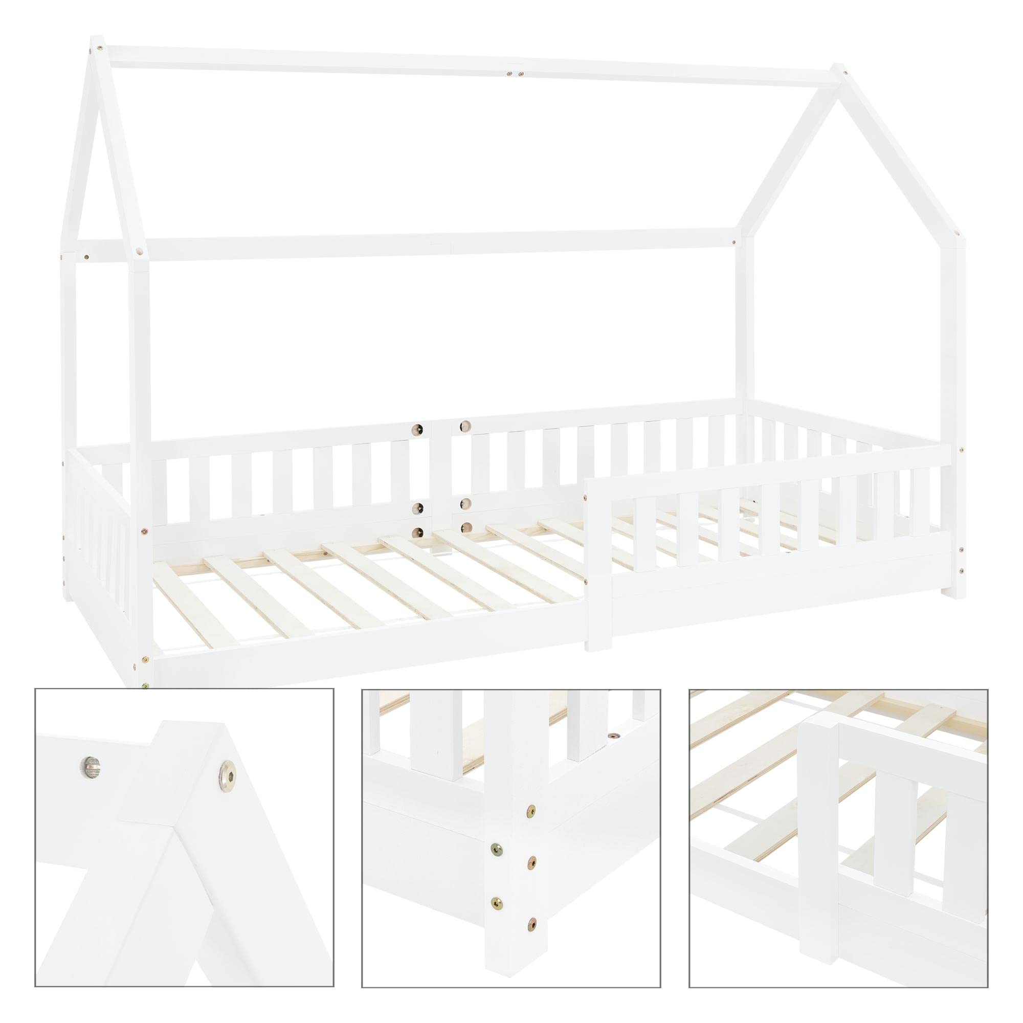ML-Design kinderbed 70x140 cm met uitvalbeveiliging, dak en lattenbodem, naturel, massief houten kinderbed, huisbed voor meisjes/jongens, bedhuis van massief grenen hout, stabiel jeugdbed kinderhuis