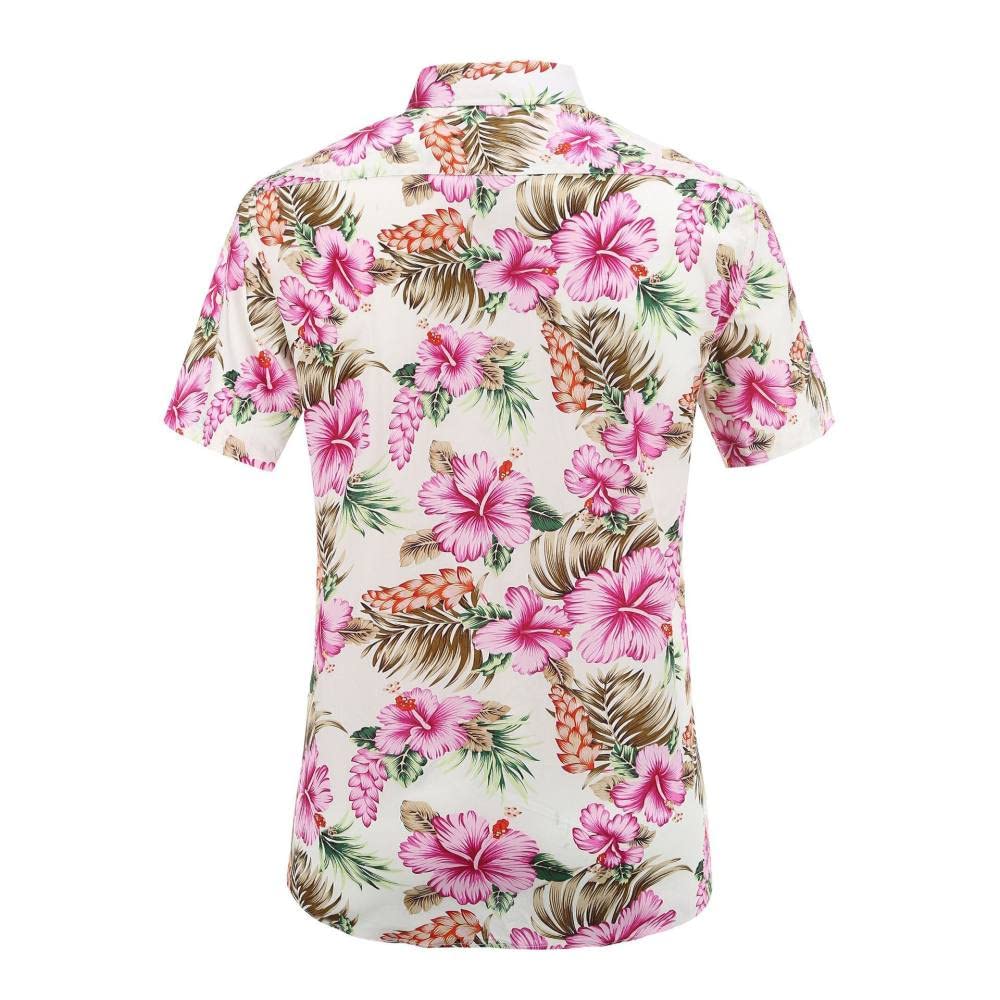 Camicia Hawaiana Cromoncent Uomo, Manica Corta, Colletto Cubano, Floreale, Rosa Acceso, 4XL, Estate - 5