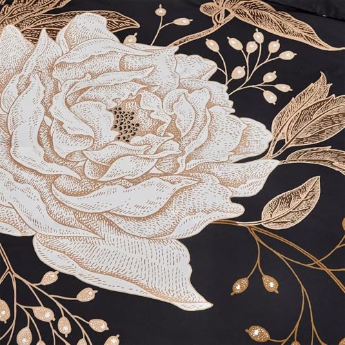 Image of MKXI Bold Floral Black Duvet Cover Queen Bedding Set Luxurious Premium Cotton Comforter Cover Vintage Gothic Style Gold and Black Boho Duvet Cover for Men and Women All Seasons