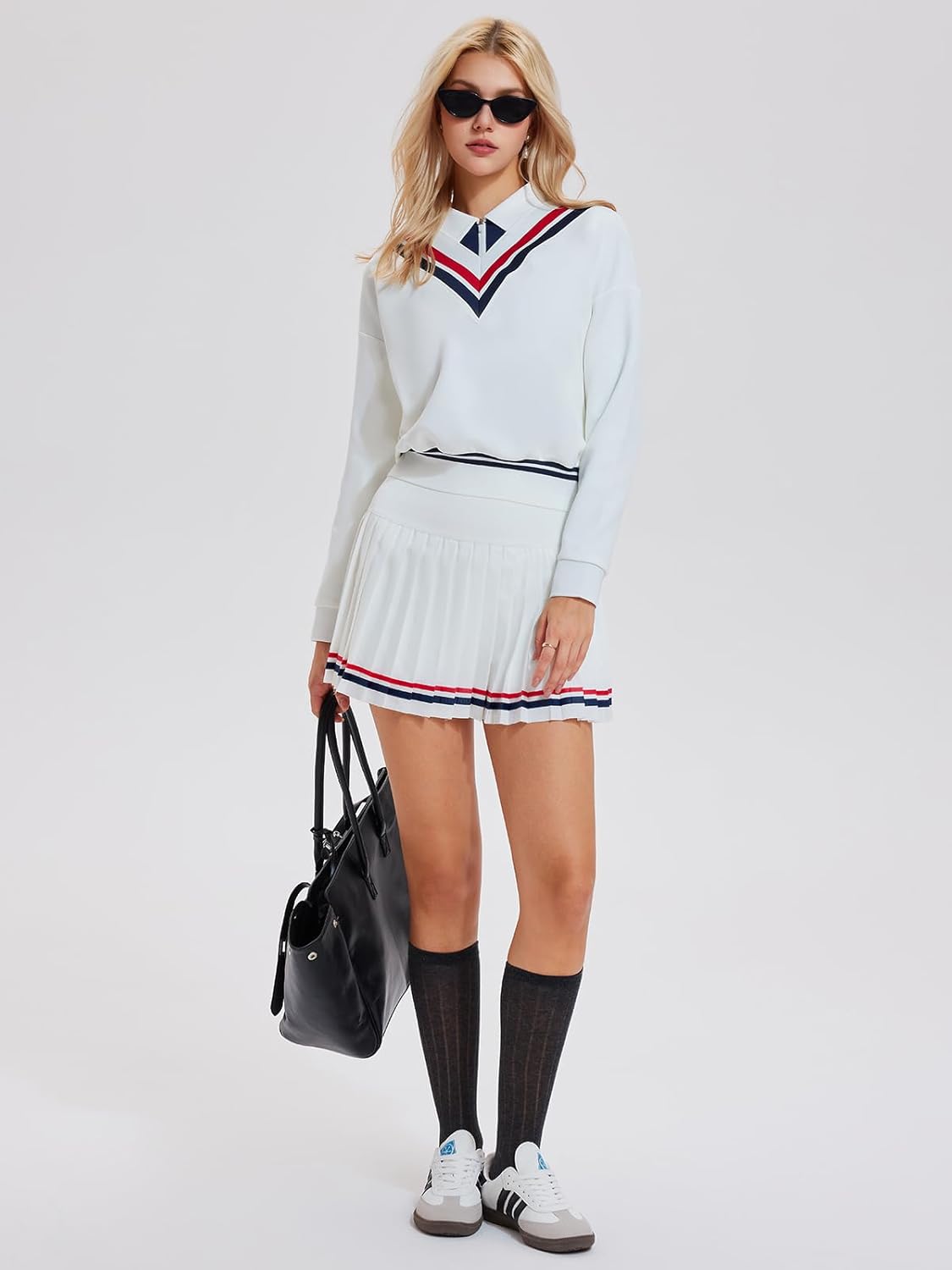 Women's 2 Piece Tennis Skirt Set, V-Neck Long Sleeve Sweatshirt & High Waisted Pleated Skirt, Athletic Outfit for Golf