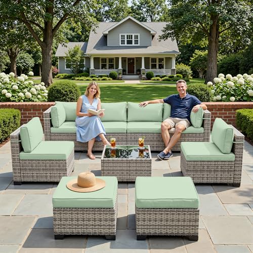 Image of Outdoor PE Wicker Rattan Modular Patio Sectional Sofa Set | 9-Piece: 6 Modular Seats, Coffee Table & 2 Ottomans, Light Green