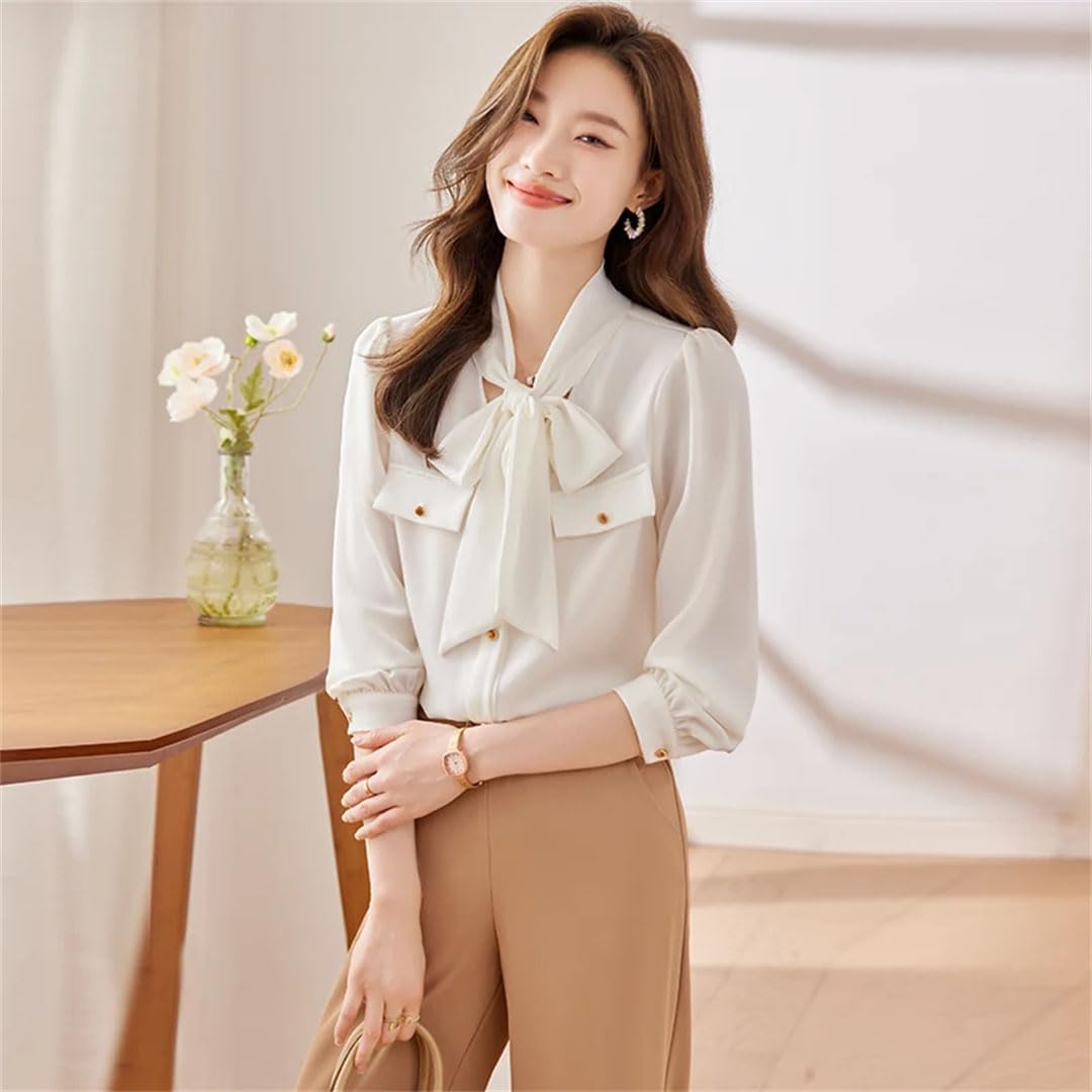 Camicetta da donna in raso elegante chic con colletto a fiocco coreano solido manica lunga top