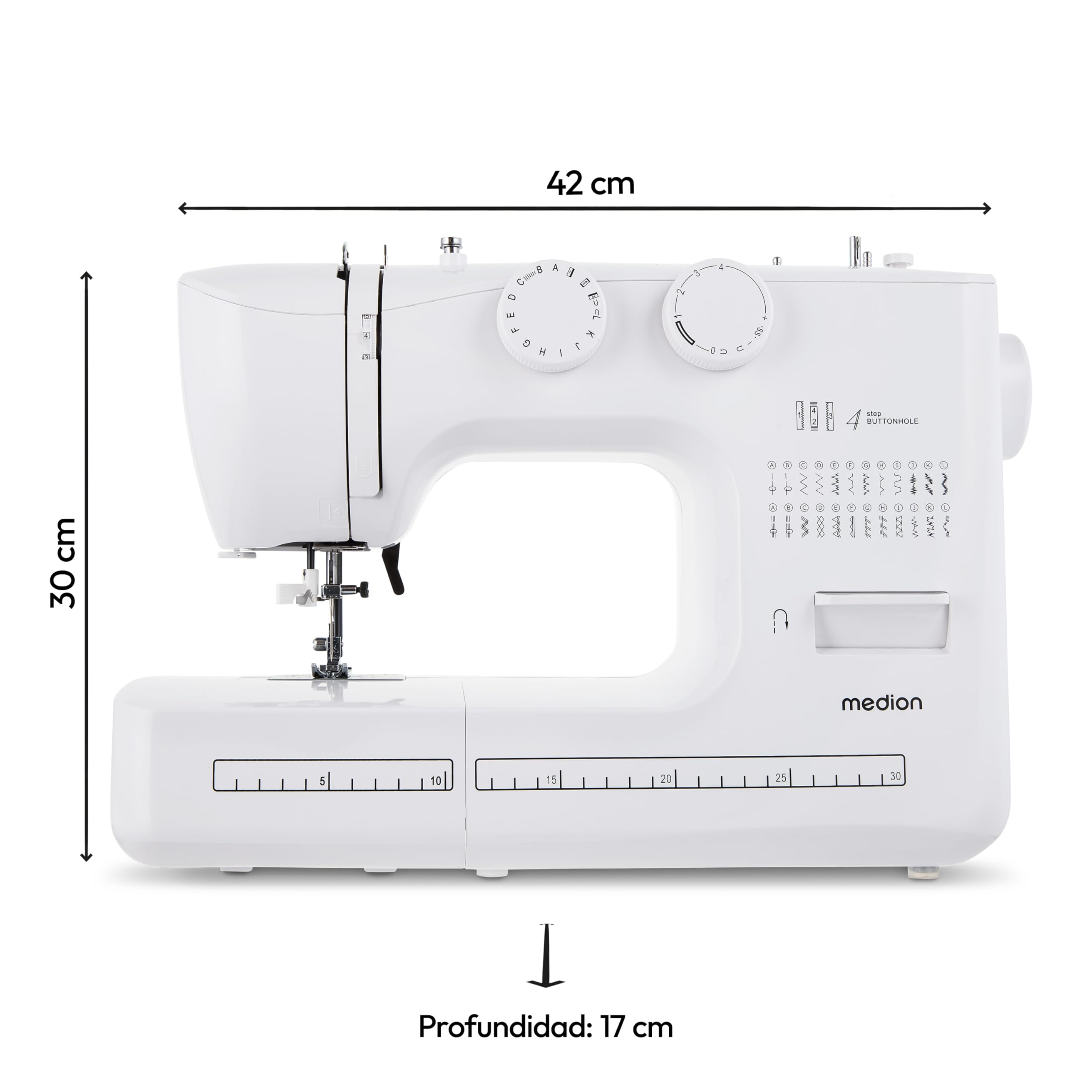 MEDION máquina de coser de brazo libre SM60 (60 vatios, 60 puntadas diferentes con ojales, luz de costura LED, enhebrador automático, botón de marcha atrás, cortador de hilo, MD10689) blanca