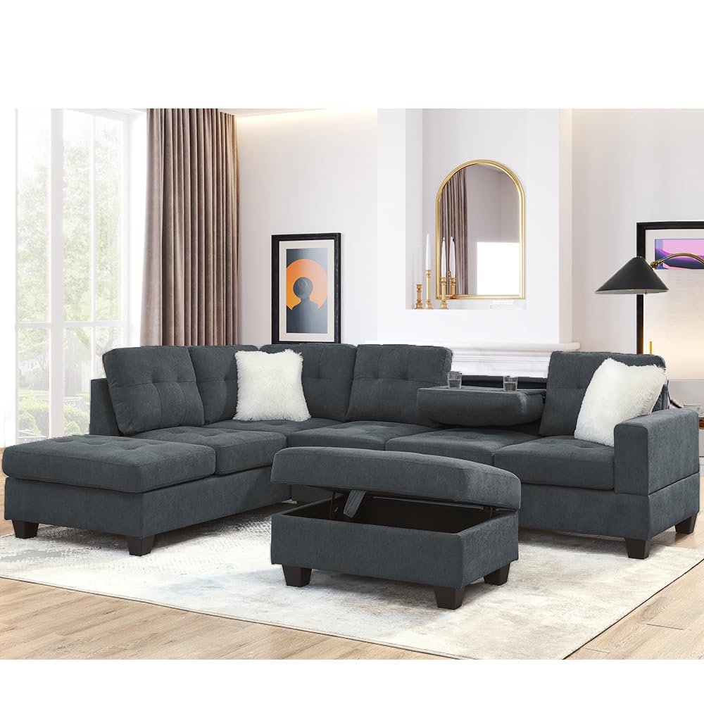 UBGO L-Shaped Sectional Sofa with Convertible Chaise Longue with Storage Footrest and 2 Cup Holders, Velvet Upholstered Sofa for Living Room Office Apartment, Gray