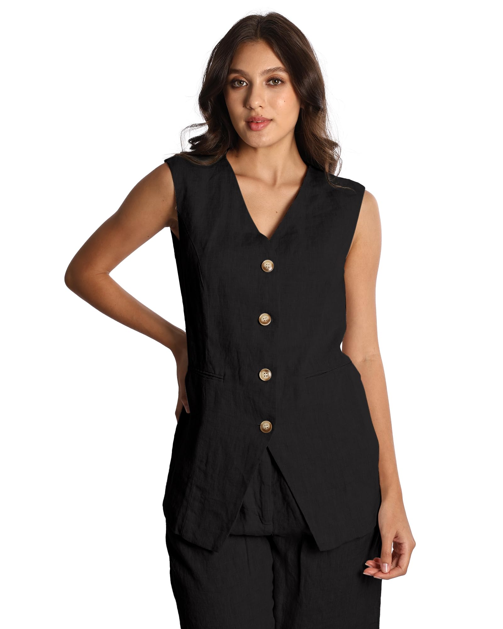 Womens Thick Pure Linen Medium Long Vest With Pockets And Button Closure