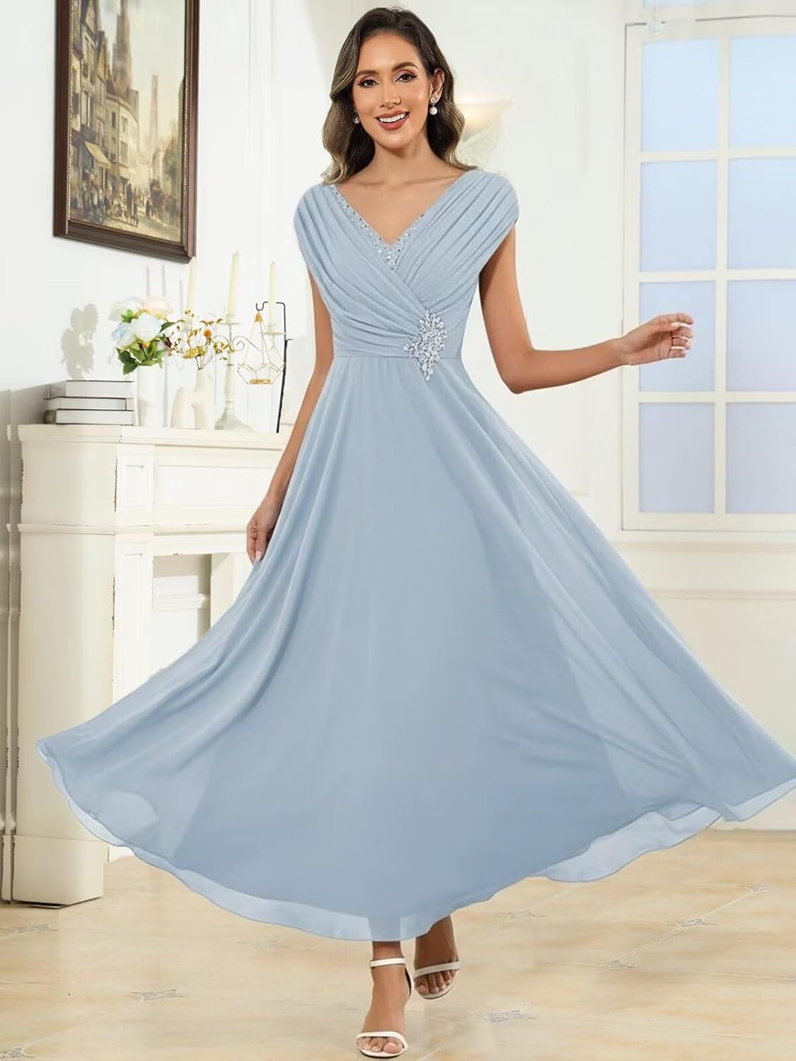 Tea Length Chiffon Mother of the Bride Dresses V-Neck Cap Sleeve Pleated Wedding Guest Dresses for Women Formal