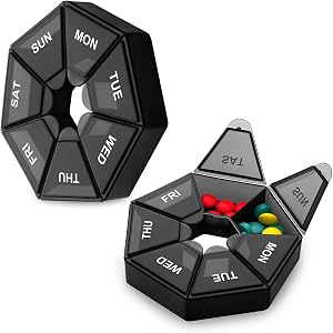 Pill Box, 2 Pack Portable Pill Box Medicine Case Medicine Vitamin Organizer, Large Daily Pill Cases, Pill Dispensers Box, 7 Day Pill Cases, AM PM Pill Box, Weekly Pill Organizer for Travel,Black