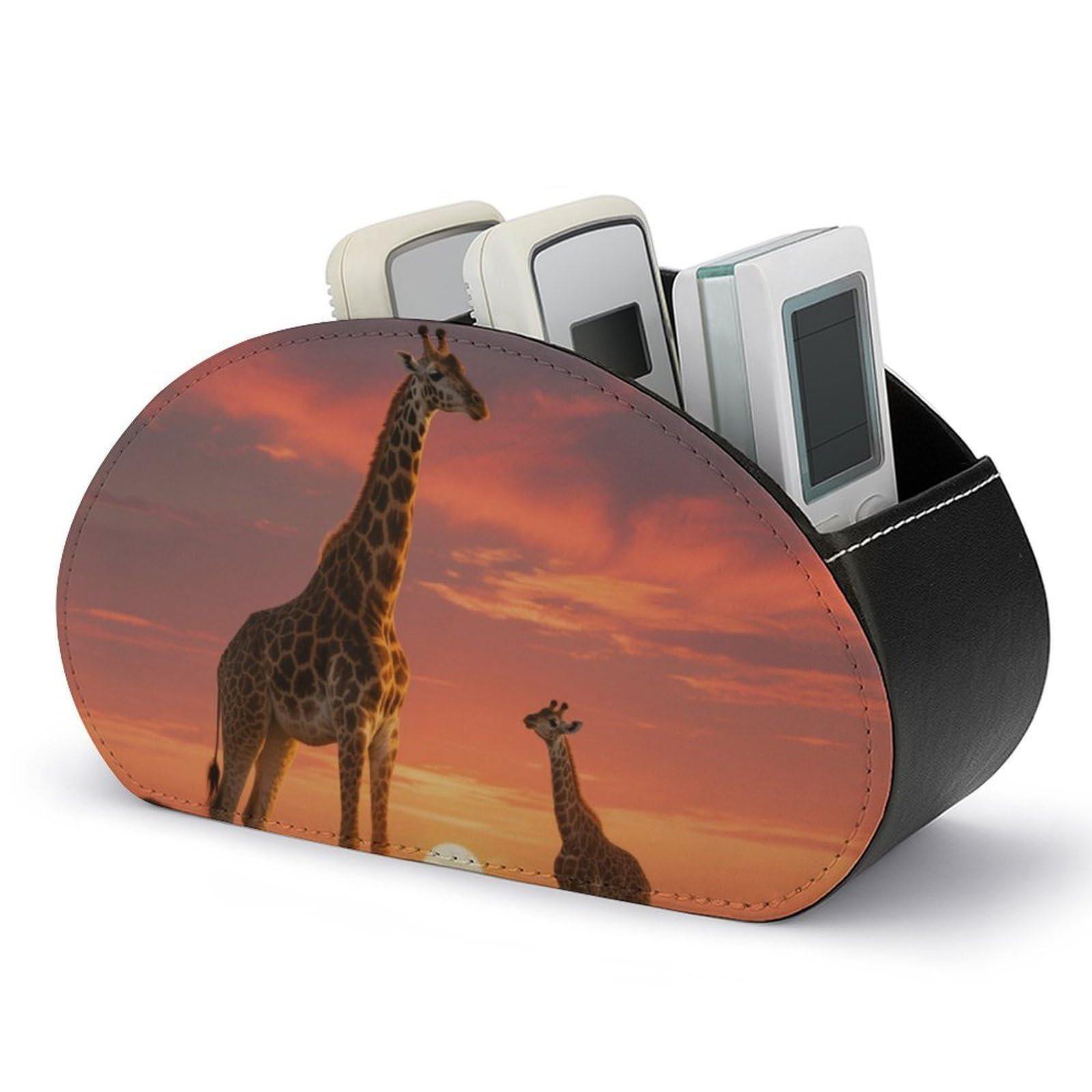 DWVTSLH Deer Giraffe Remote Control Holder with 5 Compartments - PU Leather TV Remote Holder Remote Caddy Desktop Organizer Makeup Brush Holder, Remote Storage Box for Home Office