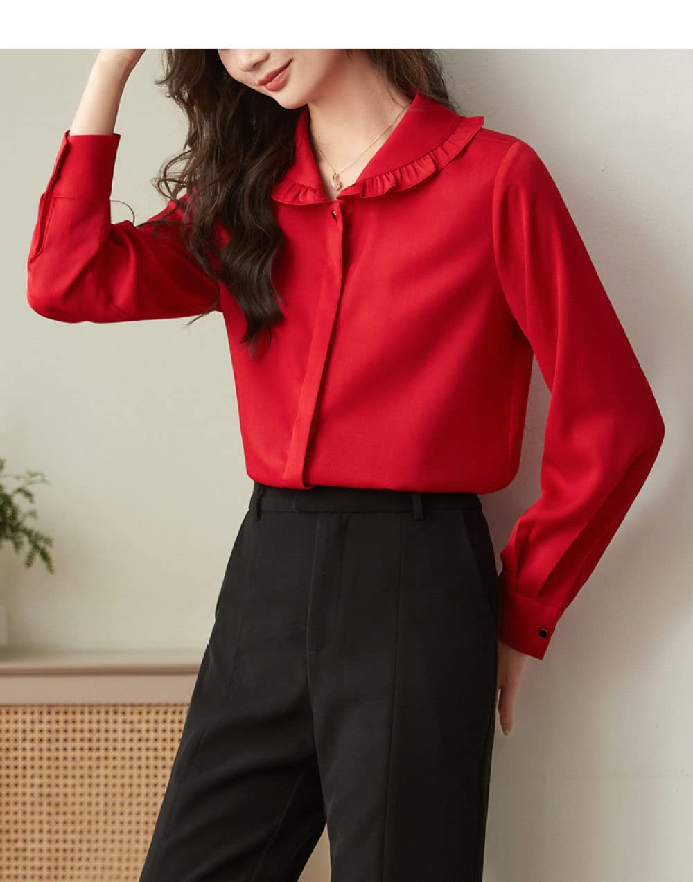 Langarmshirts Für Damen,Damen Puppenkragen Rüschen Shirt Rot Einfarbig Elegante Alltags Freizeit Bluse Langarm Button Down Blusen Lässige Tunika Tops