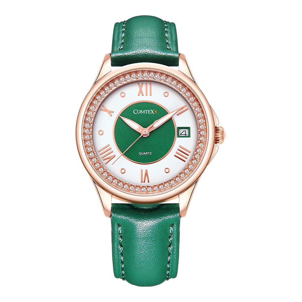 COMTEX Ladies Watches Rose Gold Bezel Green Leather Watch for Women