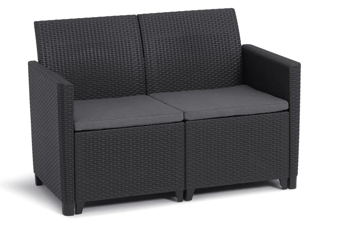 Keter Conjunto de Jardín Resina Alice 4 Plazas y Mesa Auxiliar | 119x59x59 cm, Color Negro, Cojines incluidos, Posibilidad de 2 configuraciones de Montaje