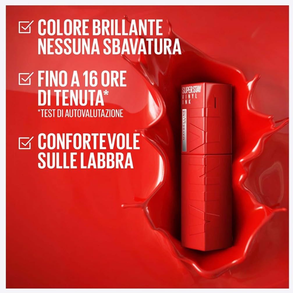 Maybelline New York Tinta Labbra a Lunga Tenuta Superstay Vinyl Ink, Per un Effetto Vinilico fino a 16H, Finish Luminoso e Senza Sbavature, Formula Vegana, Tonalità: 40 WITTY