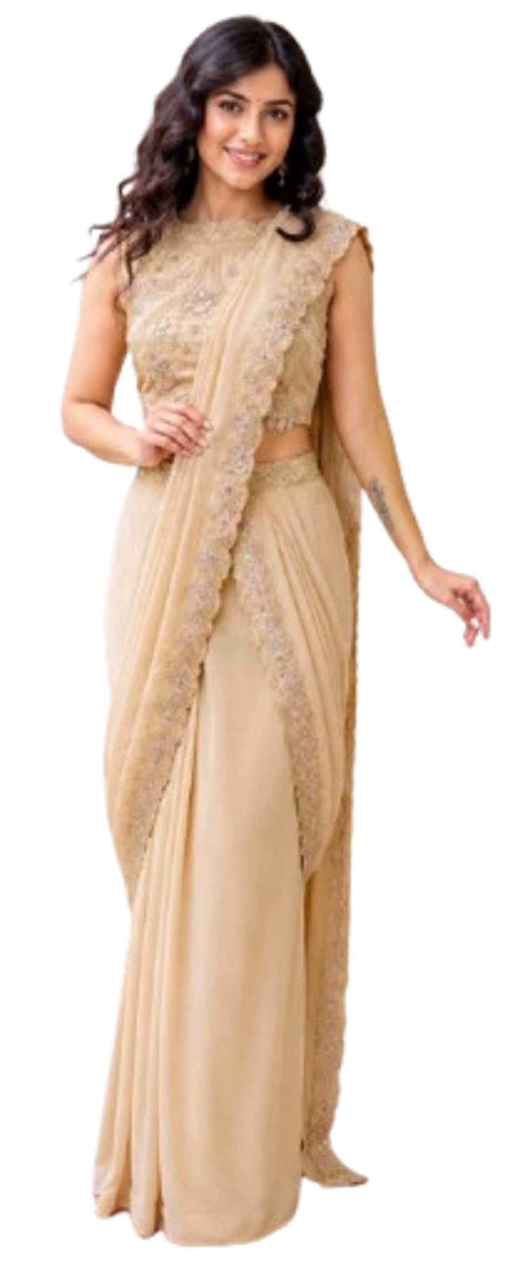 Fashion Since Trending Embroidery Sequins work ready to wear saree with Embroidery Blouse Colour saree wedding stylish Traditional Indian Ethnic Wear, Wedding Festive Occasion Beige-picture-35