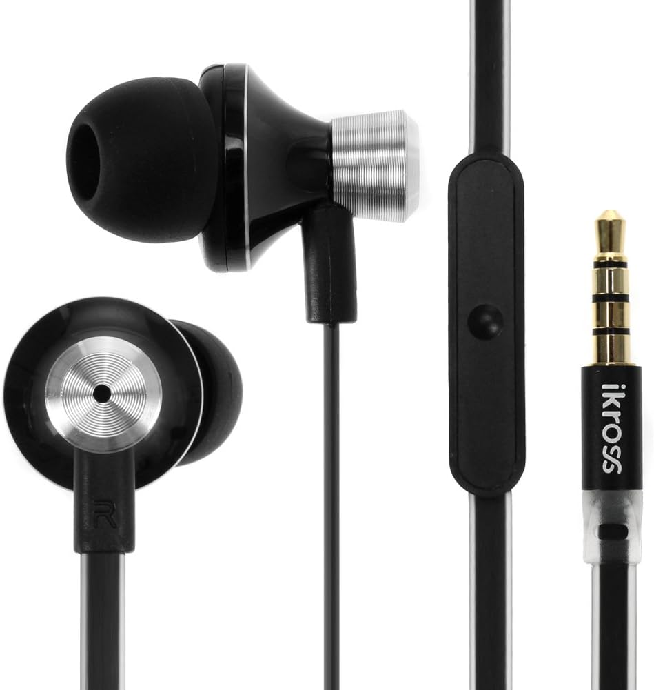 3.5mm Headset - iKross in-Ear 3.5mm Noise-Isolation Stereo Earbuds Headphones with Microphone - Metallic Black for Apple iPhone 7/7 Plus/Samsung Galaxy S8, LG, Smartphone Tablets and More