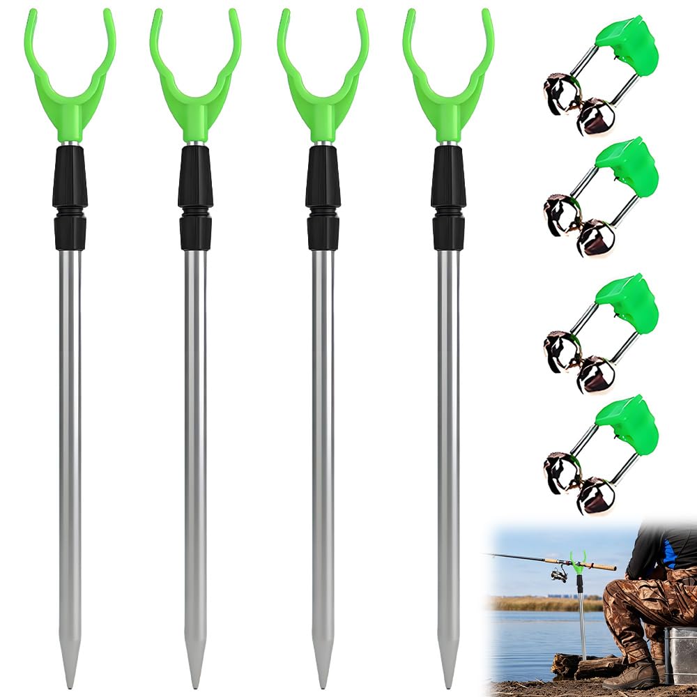 BIZOI 4PCS Fishing Rod Holder Set, Adjustable Extending Rod Rest Fishing Bracket Accessories with 4 Bells, Telescopic Fishing Pole Holders Rest Fishing Bank Sticks and Rod Rests for Bank Ground Sand