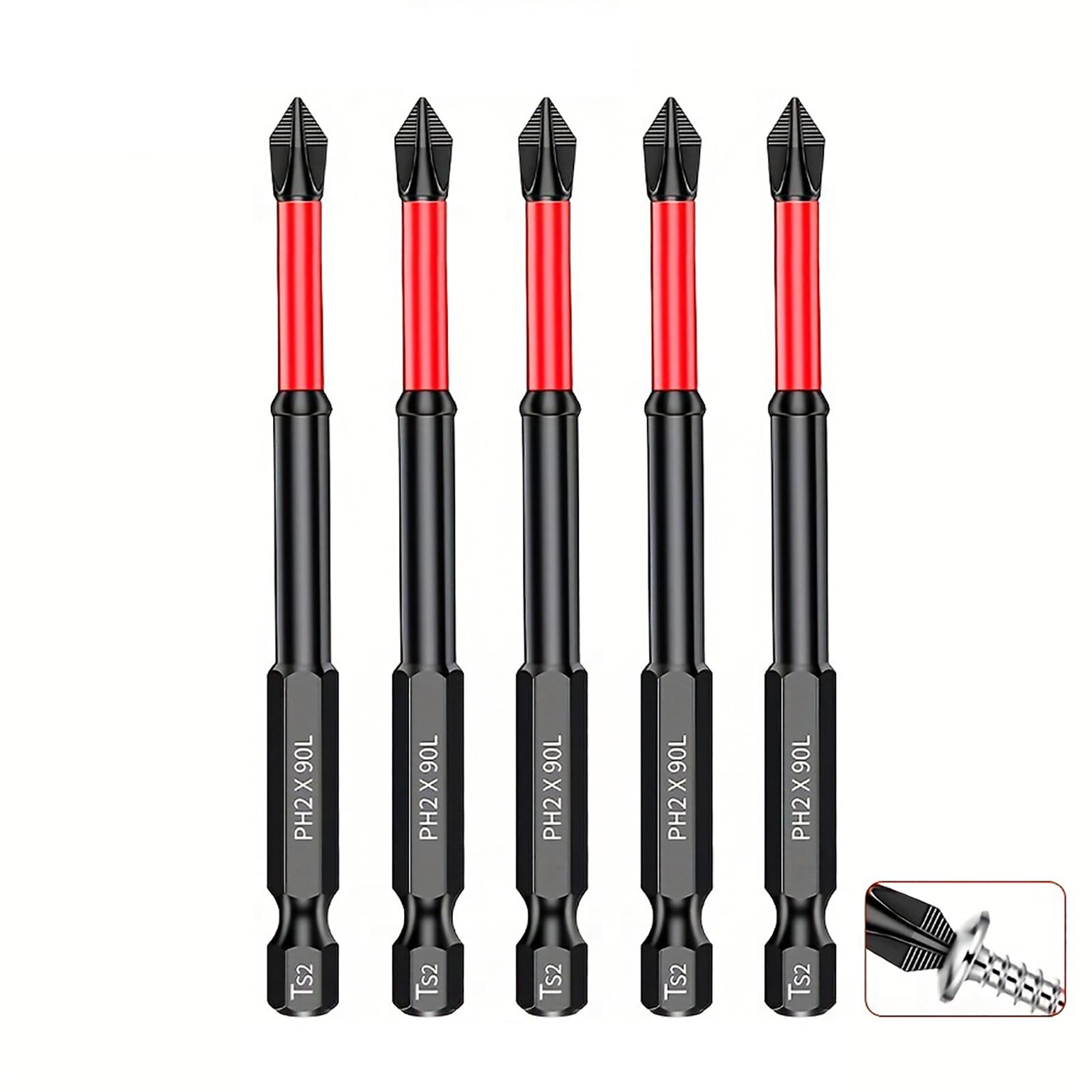 TAORANJU 5 Pcs 90mm PH2 Impact Screwdriver Bits Set, 1/4" Standard Hex Magnetic Fitting, Heavy Duty Anti-Slip Drill Driver Bits for Phillips Screws, Compatible with DeWalt Milwaukee Bosch Makita
