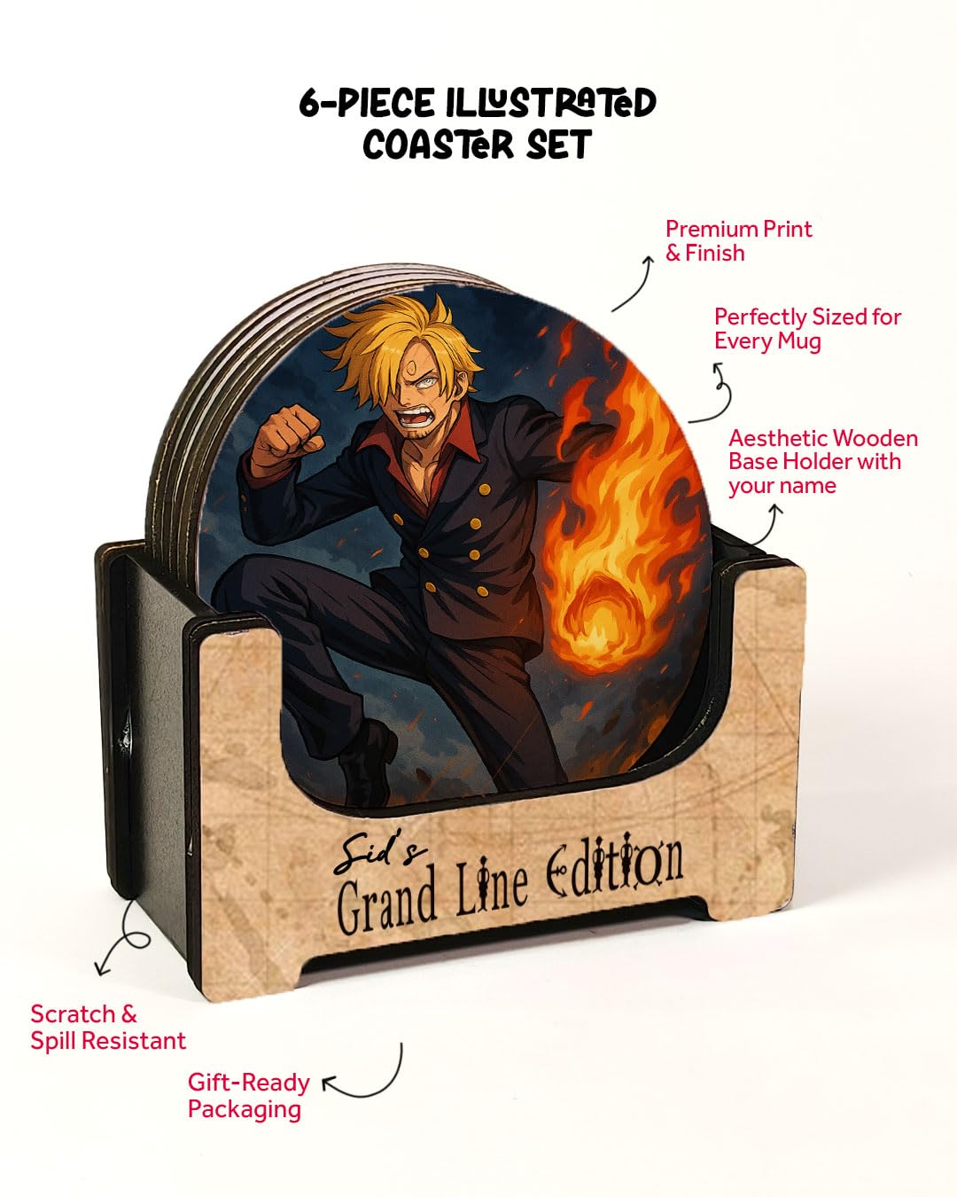 Anime Gifts Inspired Coaster Set (6-Piece) with Holder | Printed MDF Drink Coasters for Table Protection | Otaku Room & Gaming Desk Decor Gift | Alpha Nova Creations 3