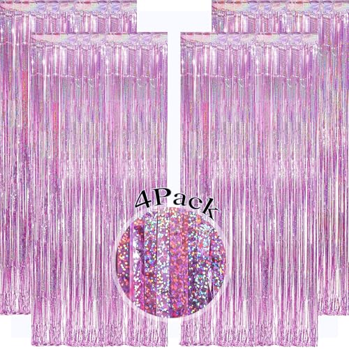 Image of 4 Pack Pink Tinsel Party Backdrop 12.8x8.2 Feet Glitter Metallic Tinsel Foil Fringe Curtain, Pink Backdrop Curtain Door Streamers for Birthday Bachelorette Graduation Christmas Party Decorations