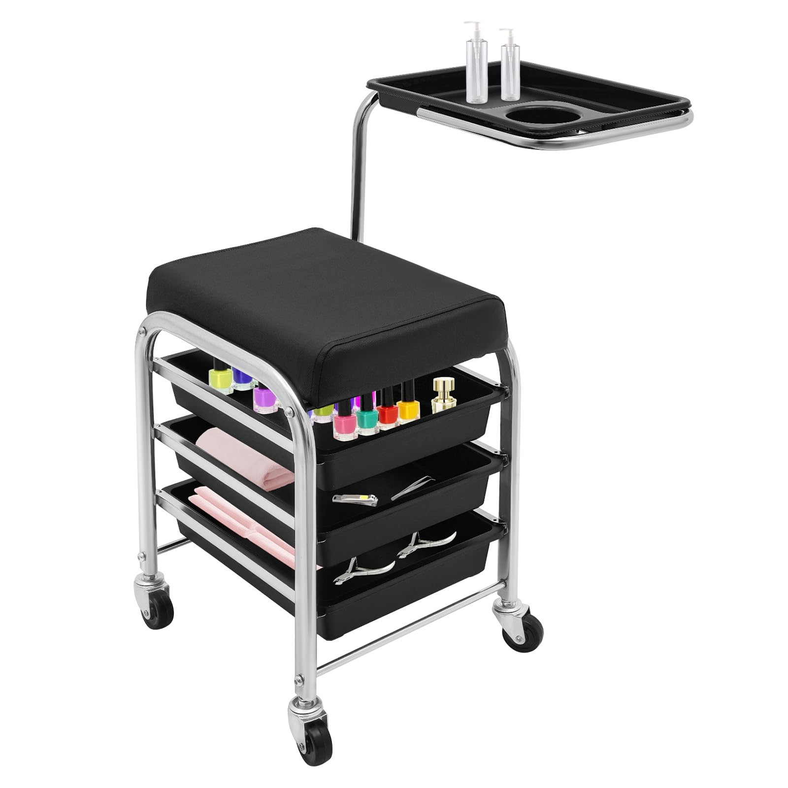 Carrito de peluquería, carrito de salón de 3 niveles con 4 ruedas, altura ajustable 53-77 cm, carrito de manicura para el cuidado de la belleza (negro) - 1