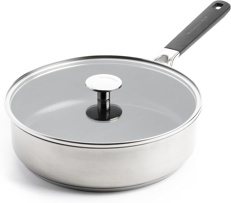 KitchenAid Classic Rozsdamentes Acél Serpenyő 26 cm Kerámia Tapadásmentes Bevonattal, Üvegfedővel, Indukciós, Mosogatógépben Mosható